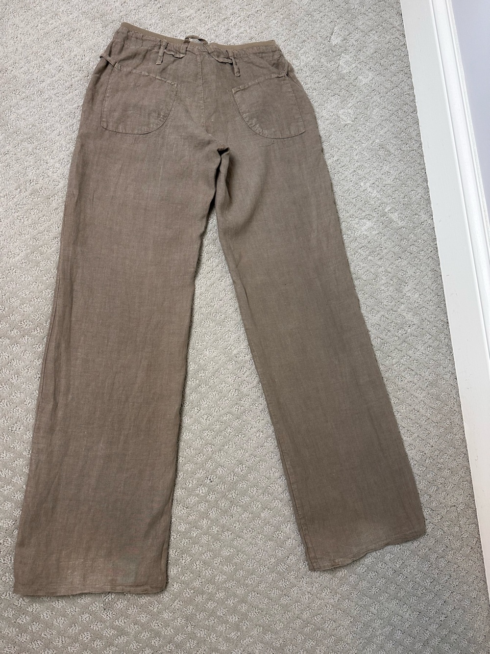 Sz S Zinka Italy linen wide leg pants taupe brown tan pockets drawstring - Picture 4 of 9